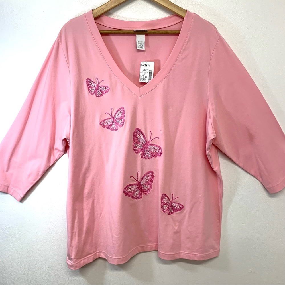 Fashion Bug Top Woman 26/28W Pink V Neck Embroidery Butterflies Stretch Knit